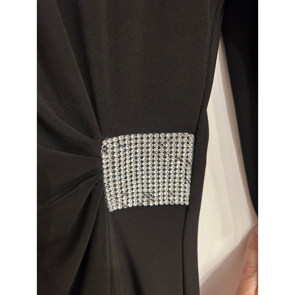 Black Sheer Flutter Sleeve Rhinestone Draped Cocktail Dress LARGE - Picture 8 of 10